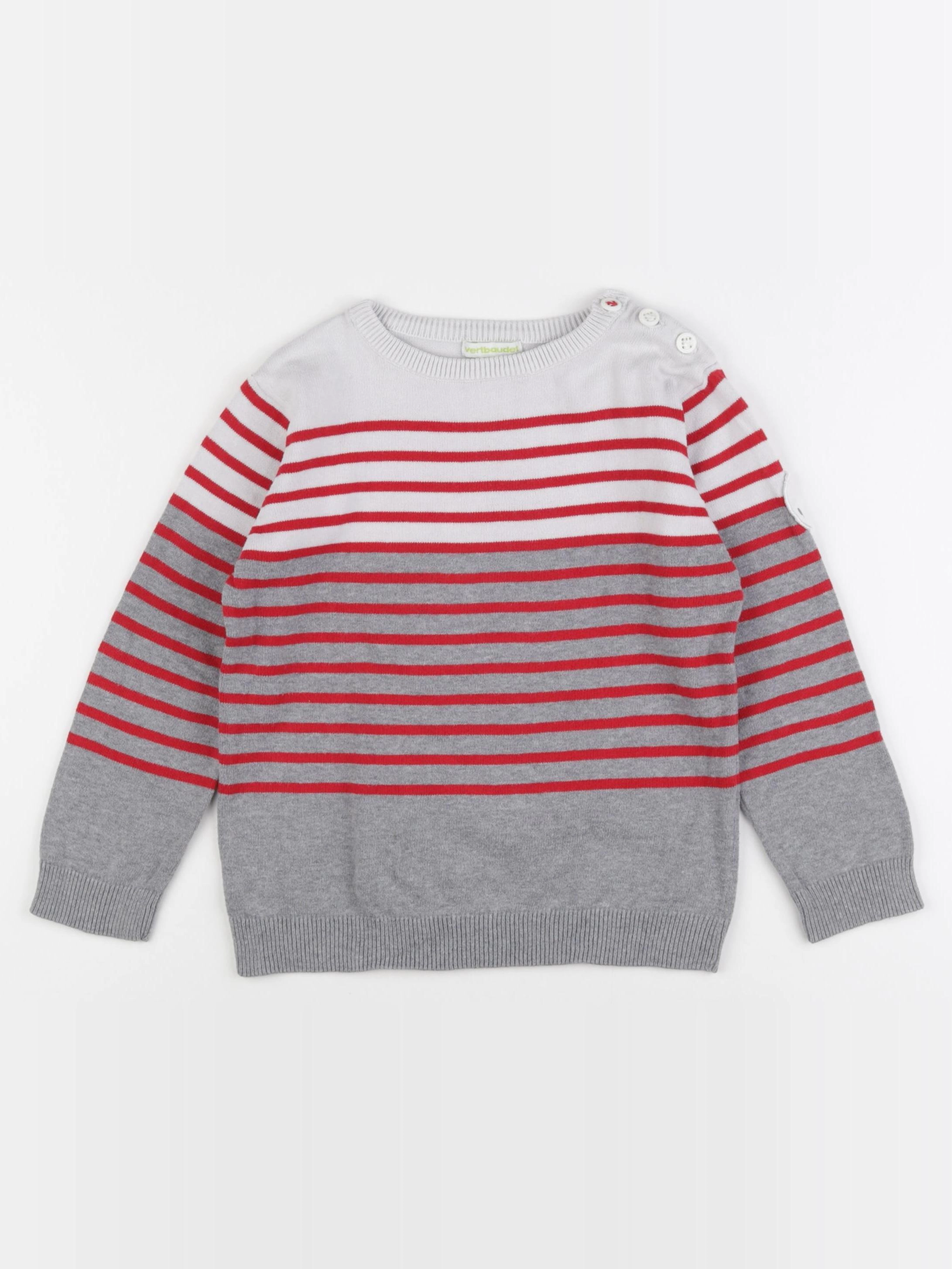 Vertbaudet - pull gris, rouge - 5 ans
