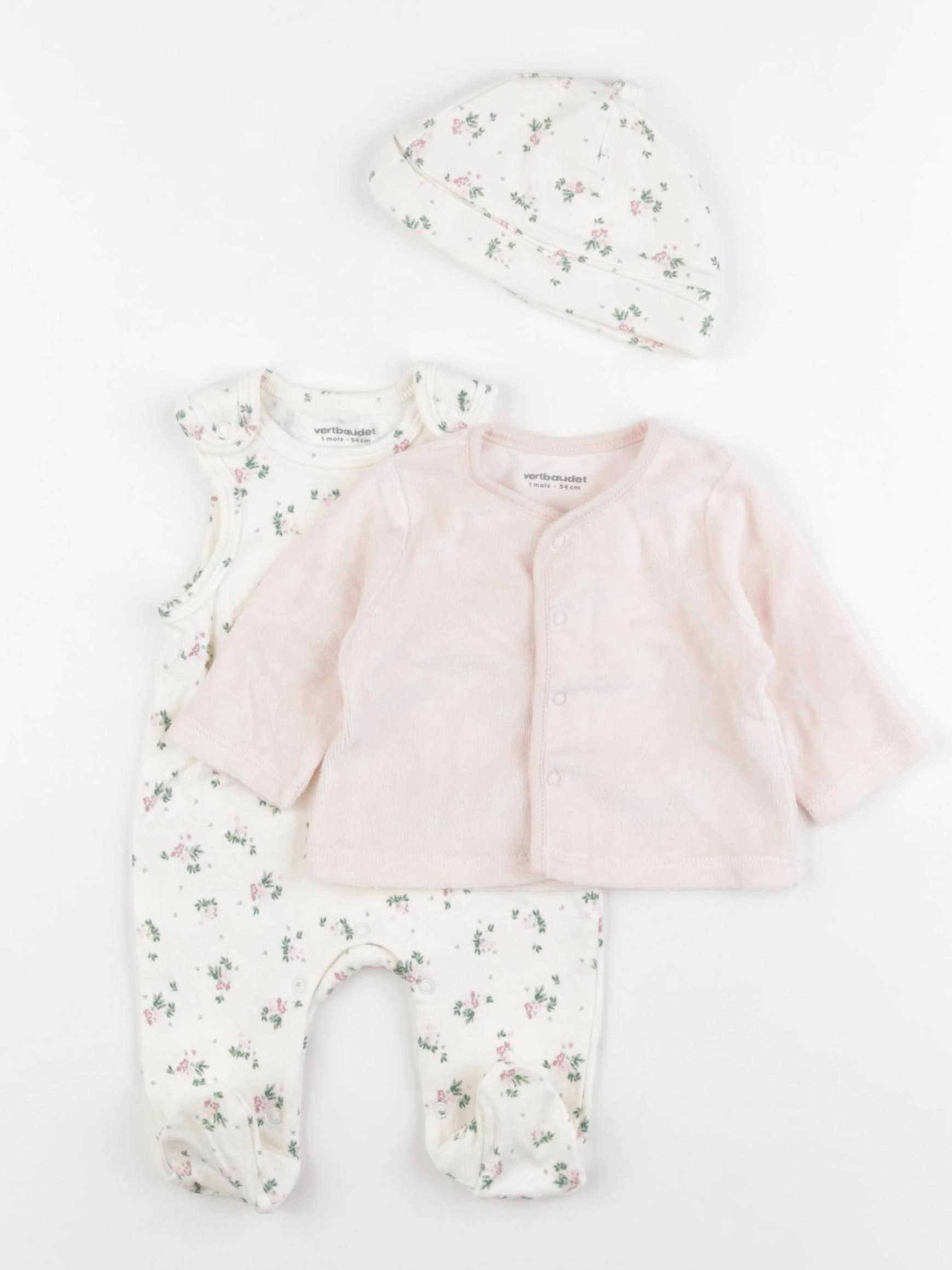 Vertbaudet - pyjama velours beige, rose - 1 mois
