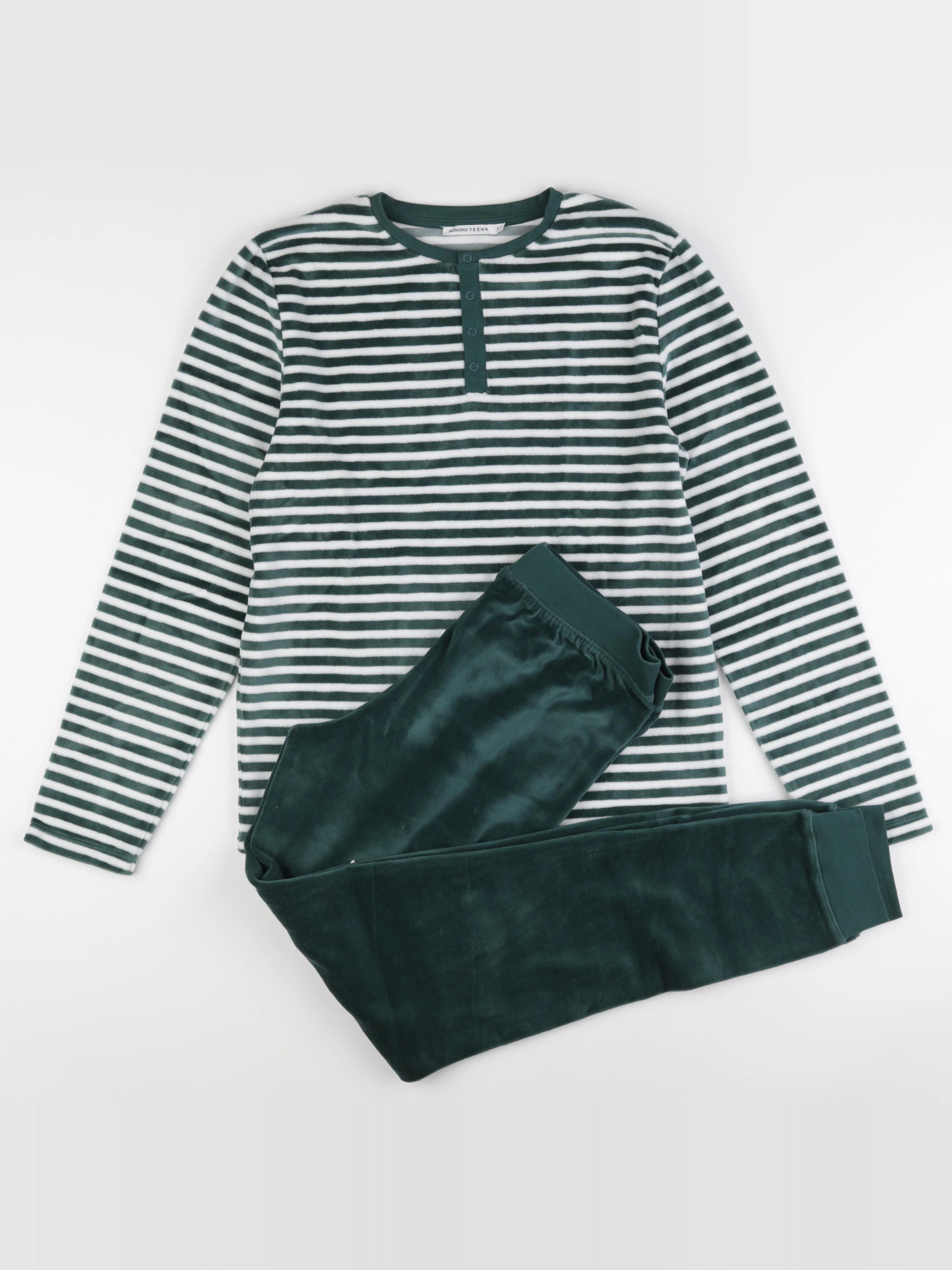 Monoprix - pyjama velours vert, blanc - 14 ans