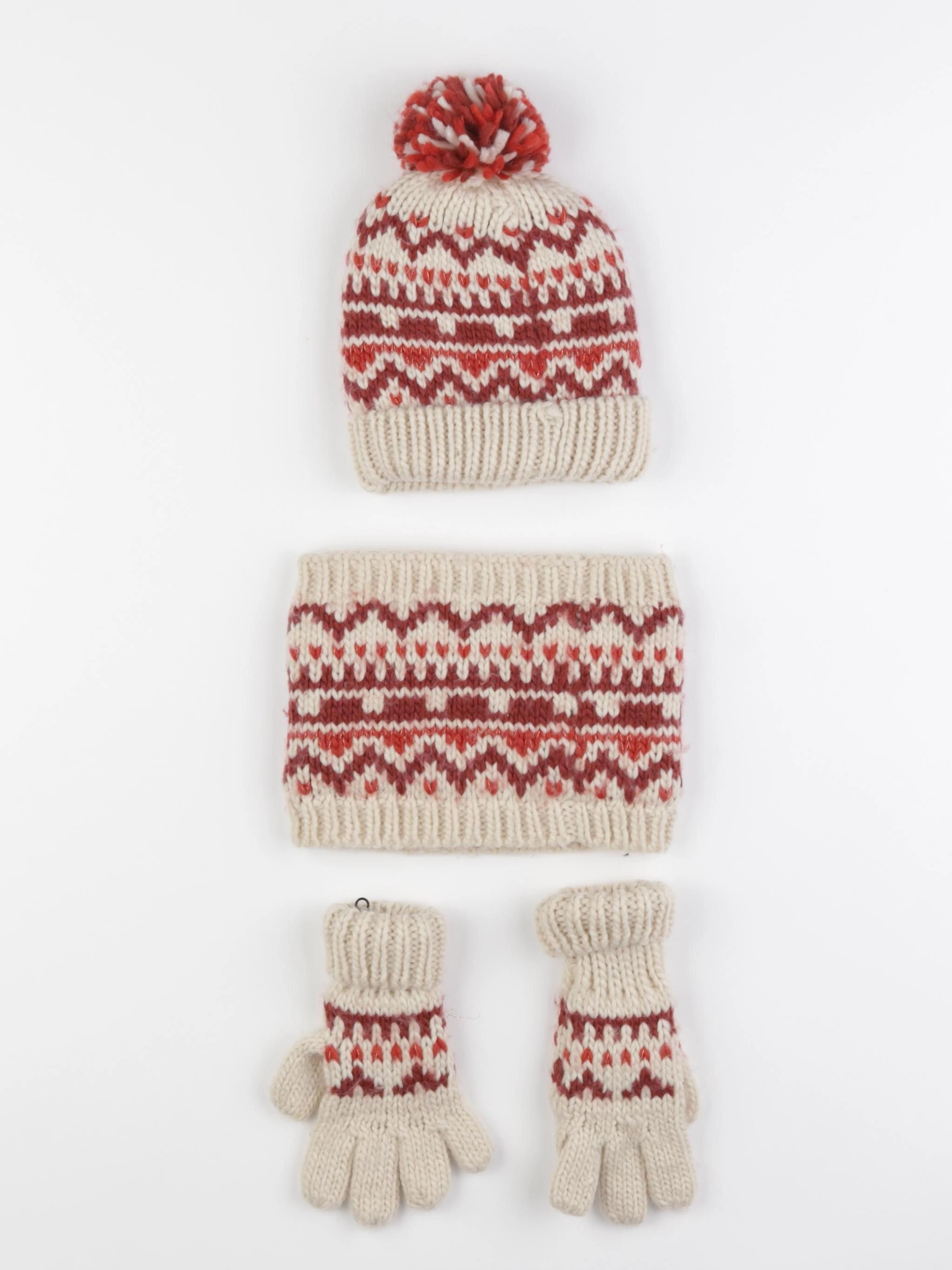 Vertbaudet - ensemble bonnet/moufles/tour de cou blanc, rouge - 4/6 ans