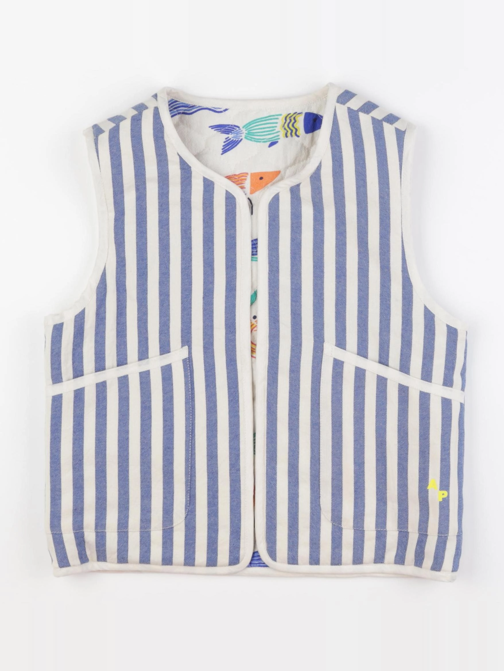 Arsène et les pipelettes - gilet réversible bleu, blanc, multicolore - 8 ans