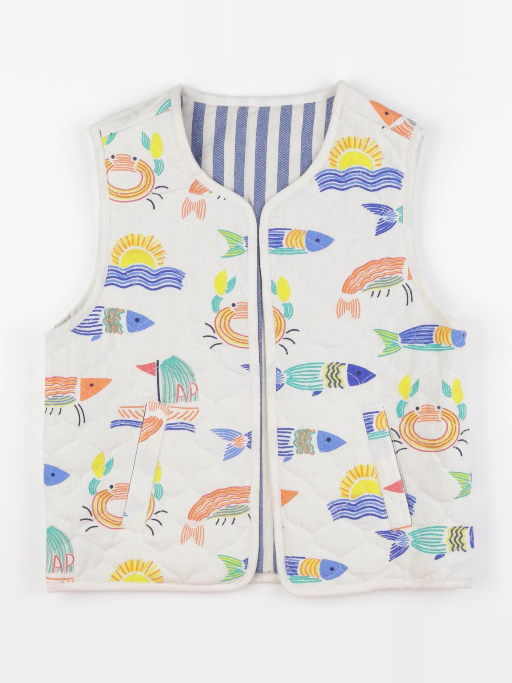 Arsène et les pipelettes - gilet réversible bleu, blanc, multicolore - 8 ans