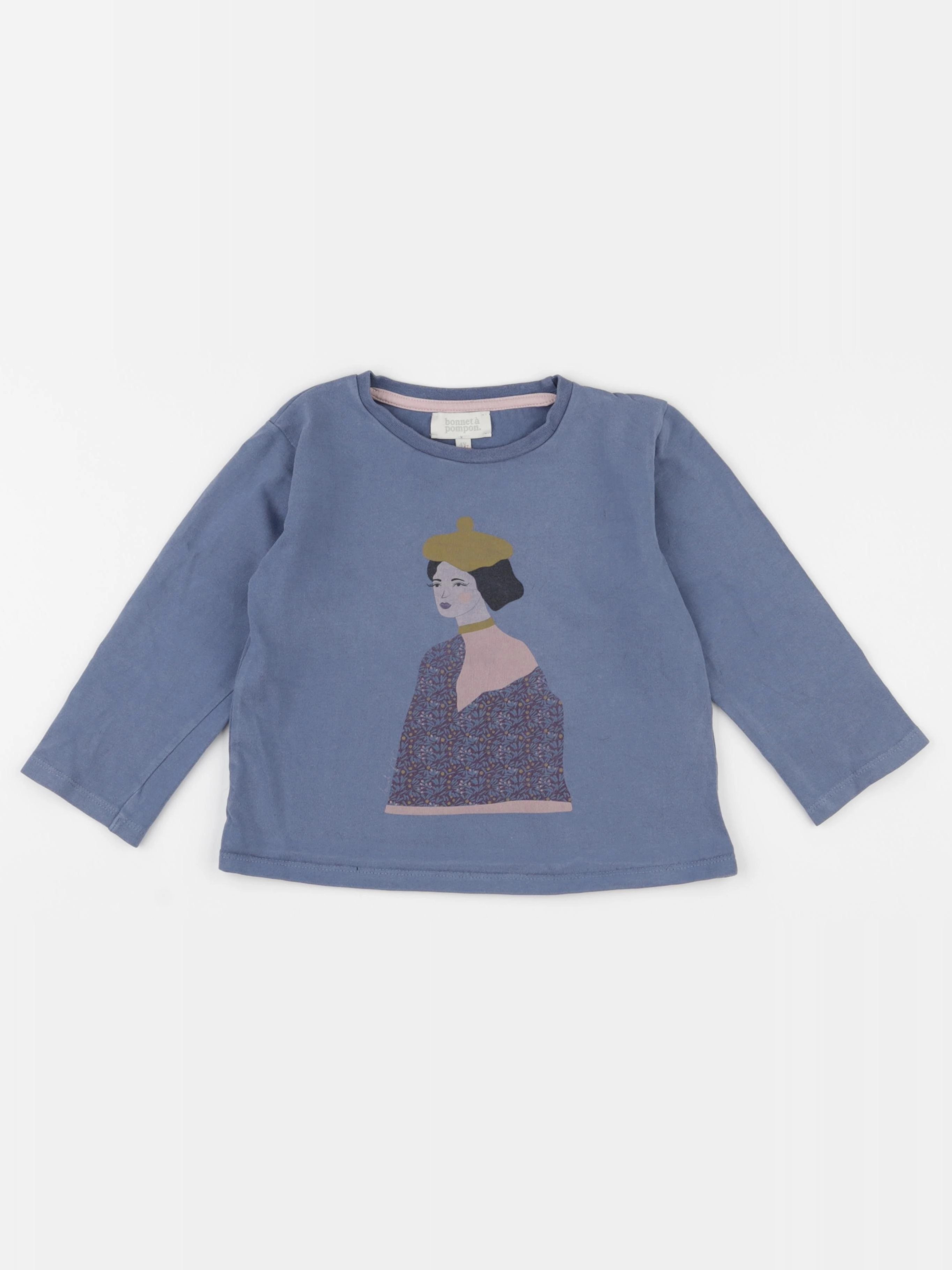 Bonnet à Pompon - tee-shirt bleu - 4 ans