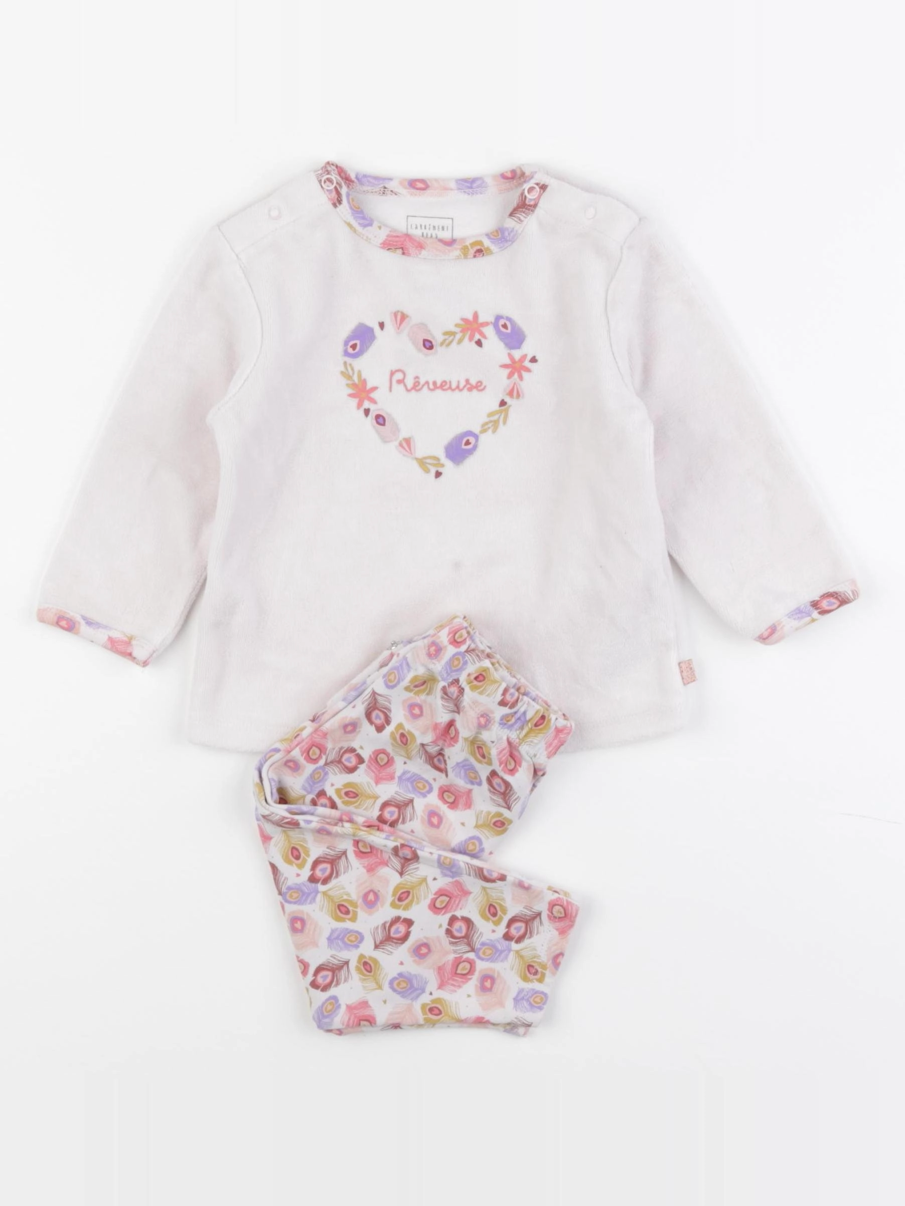 Carrément Beau - pyjama velours blanc, rose - 12 mois