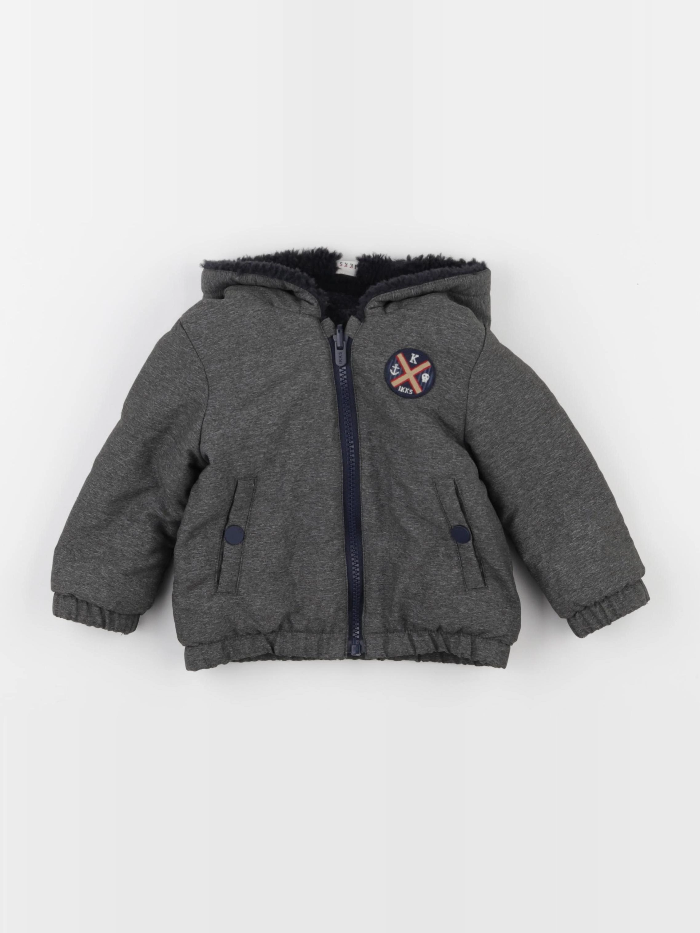 IKKS - veste réversible, doublé gris, bleu - 12 mois
