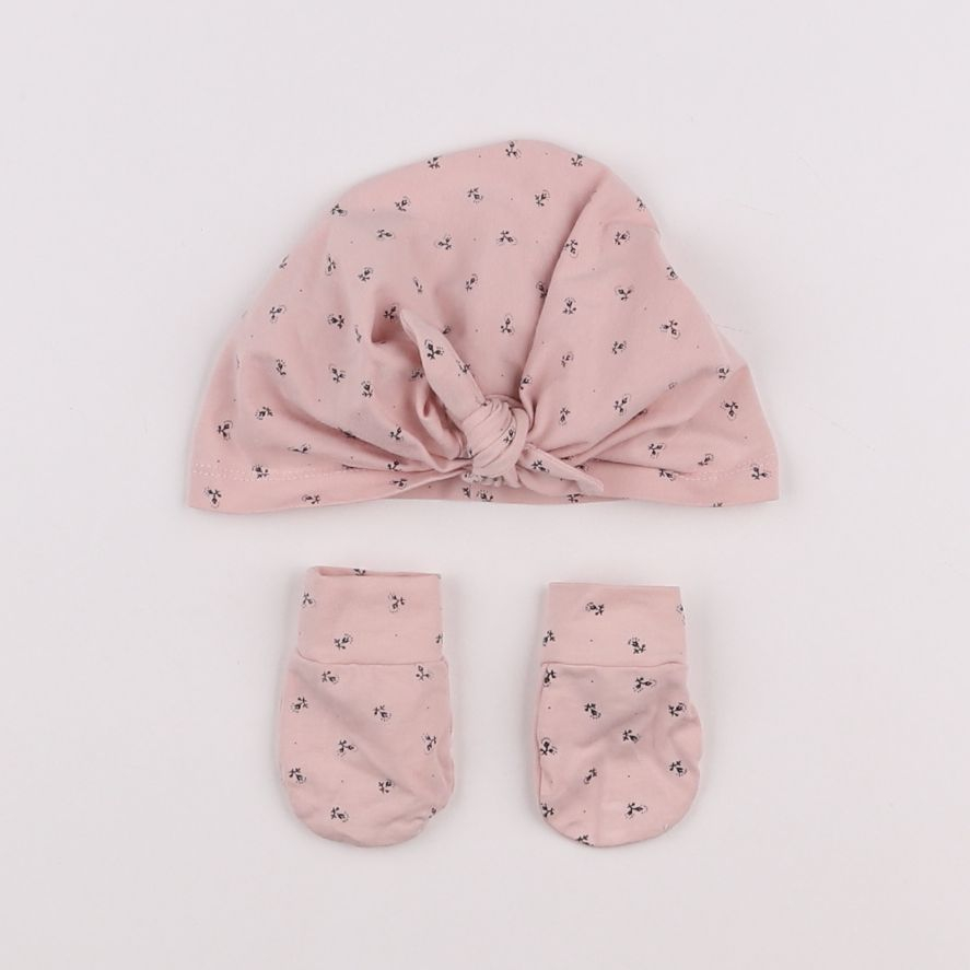 Vertbaudet - ensemble bonnet/moufles rose - 3/6 mois