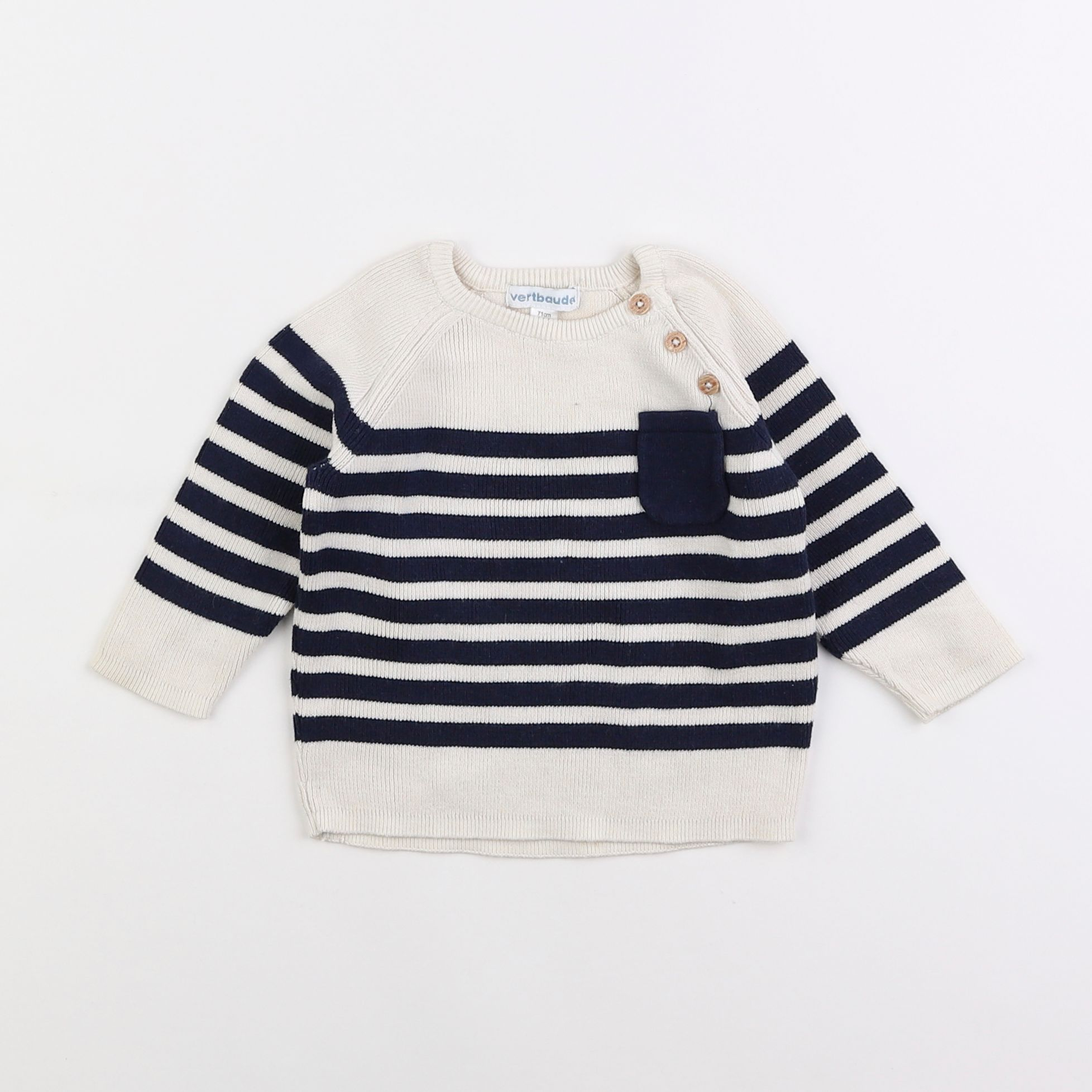 Vertbaudet - pull beige, bleu - 9 mois