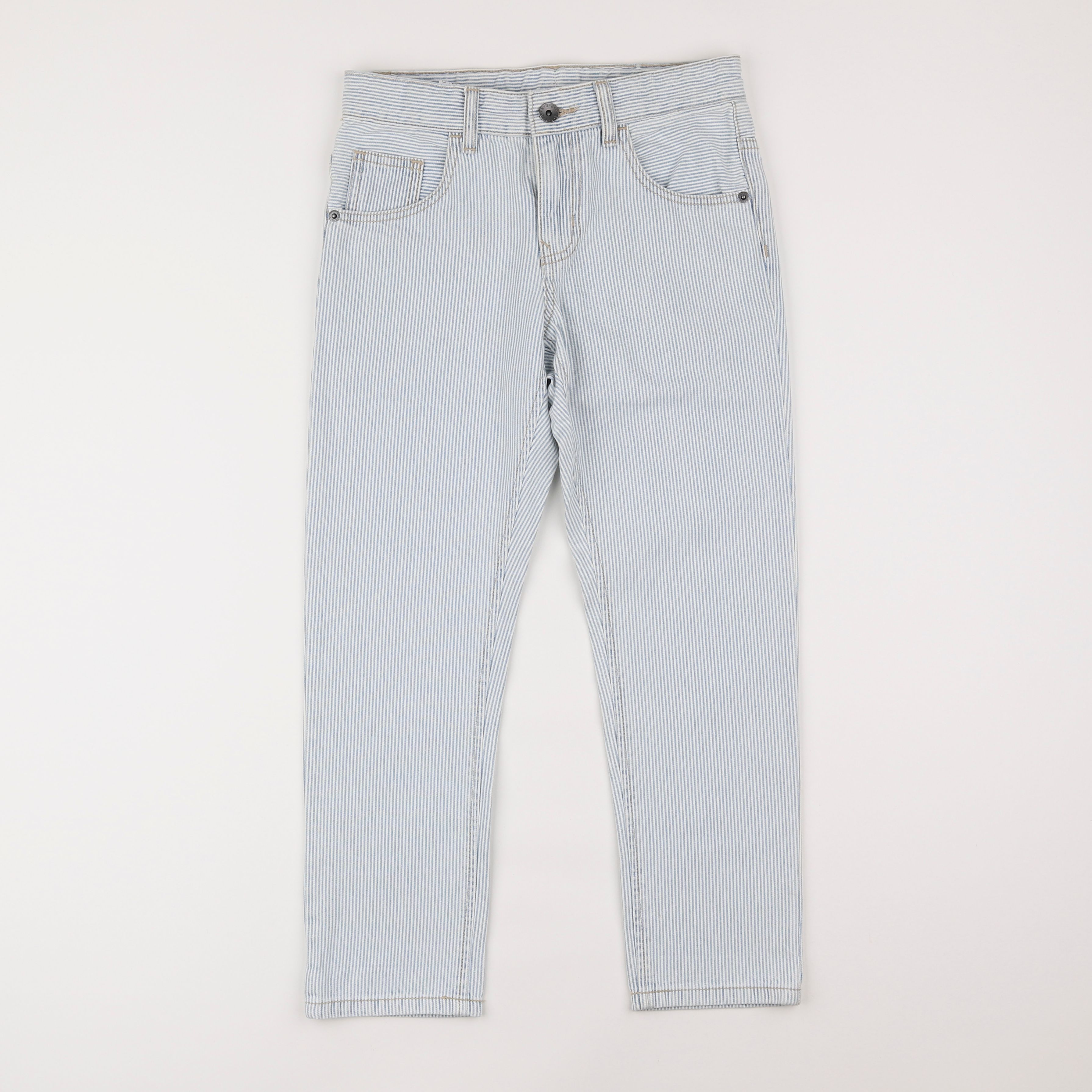 Benetton - pantalon bleu, blanc - 7/8 ans