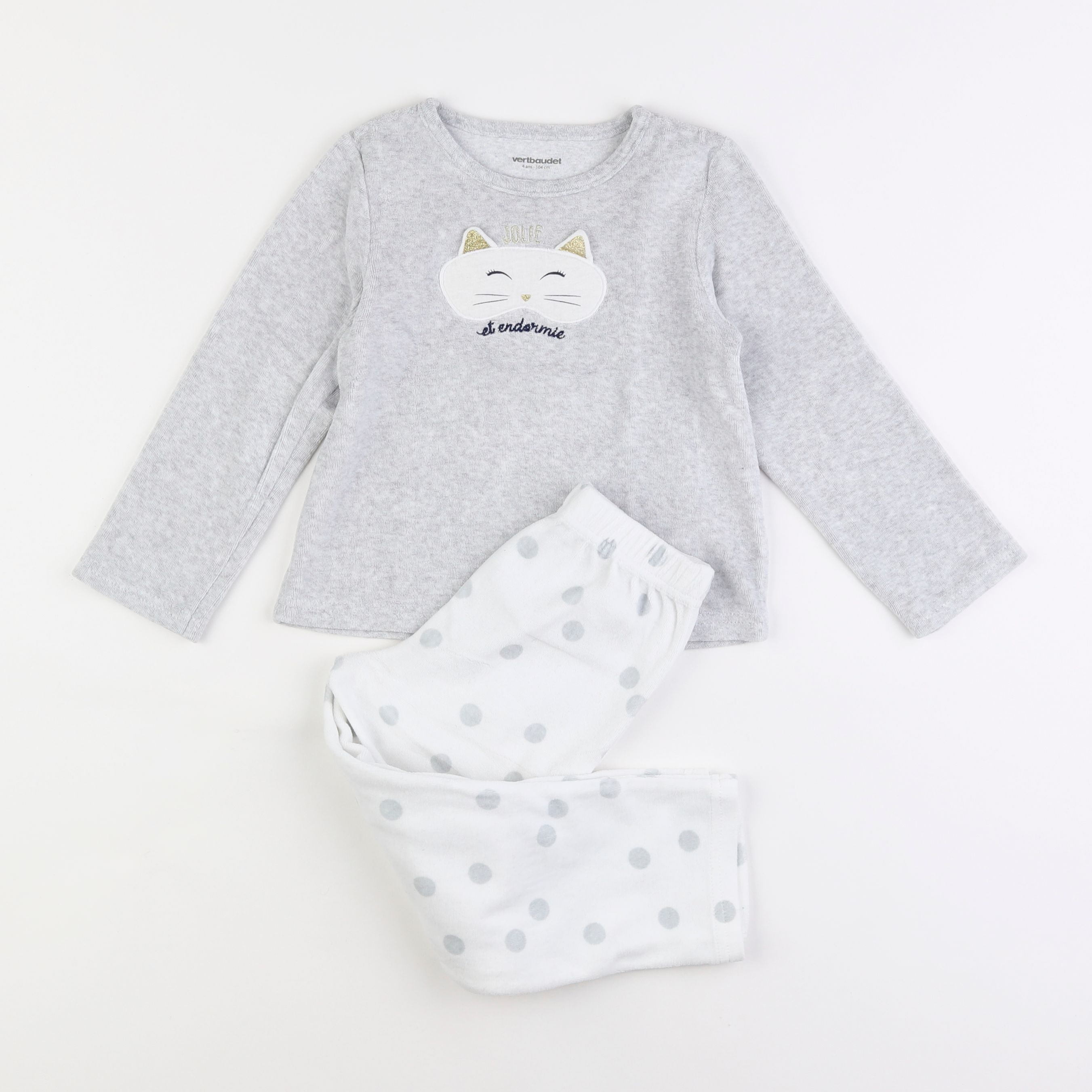 Vertbaudet - pyjama velours gris, blanc - 4 ans