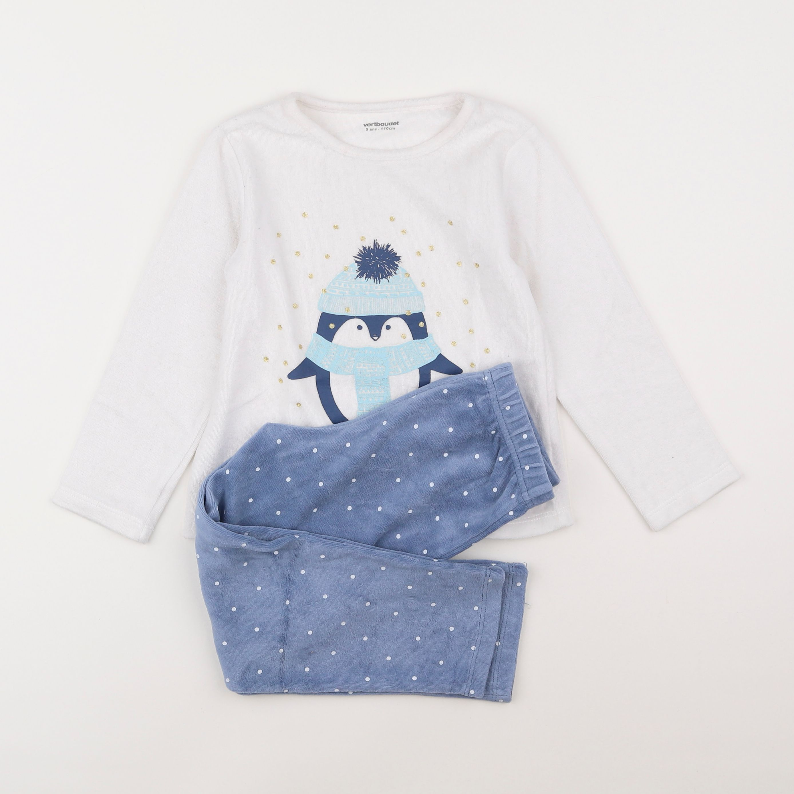 Vertbaudet - pyjama velours bleu, blanc - 5 ans