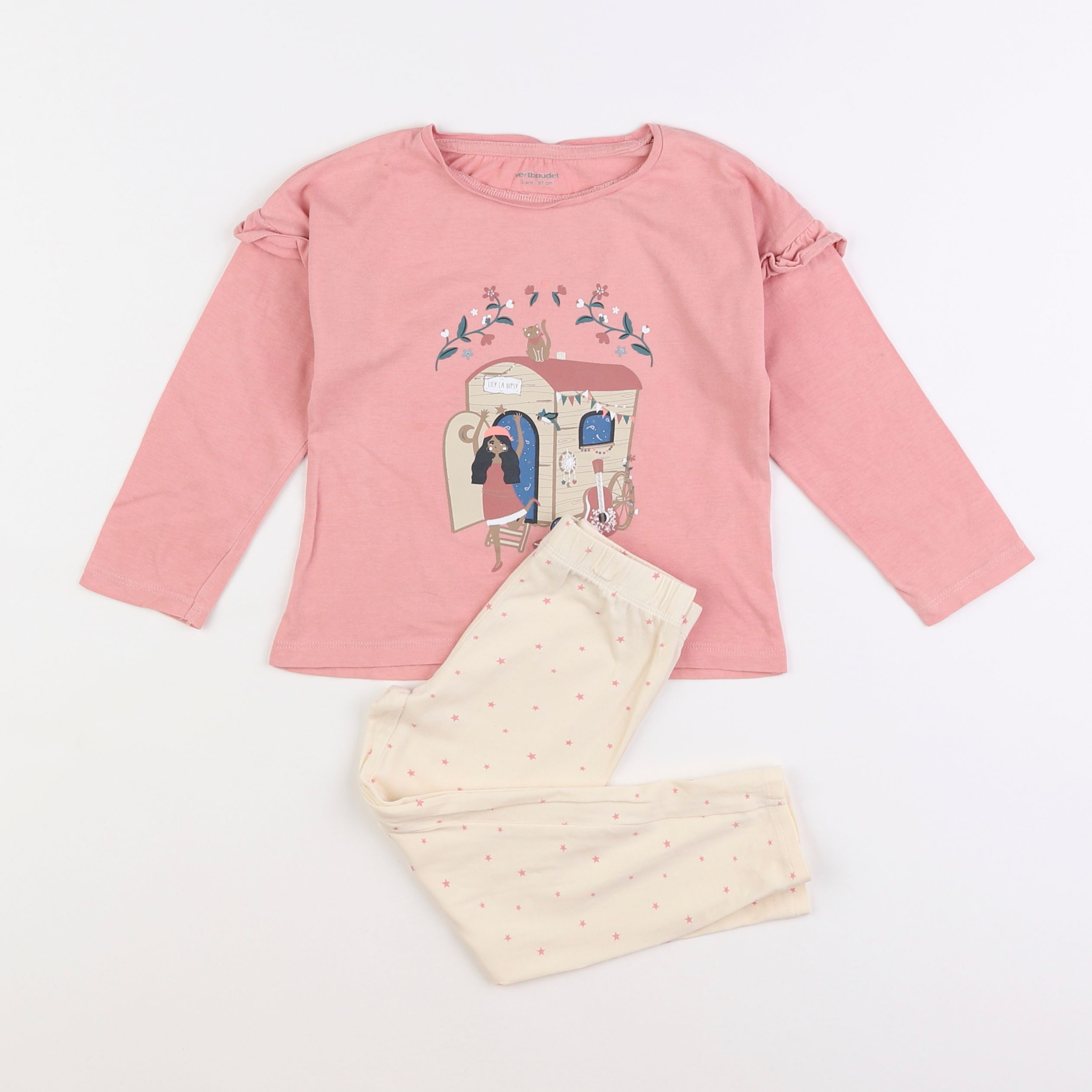 Vertbaudet - pyjama coton rose, beige - 3 ans